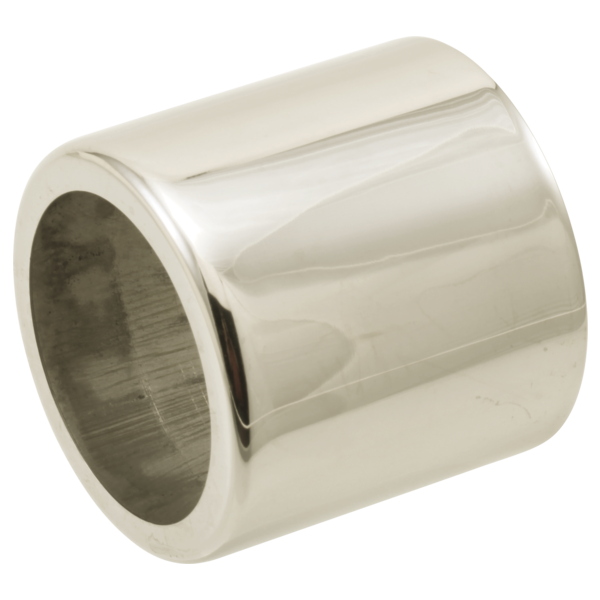 Polished nickel cylindrical trim sleeve with hollow center and grooved interior surface.