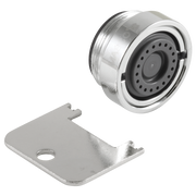 Chrome aerator with perforated spray face and metal mounting bracket with single hole.