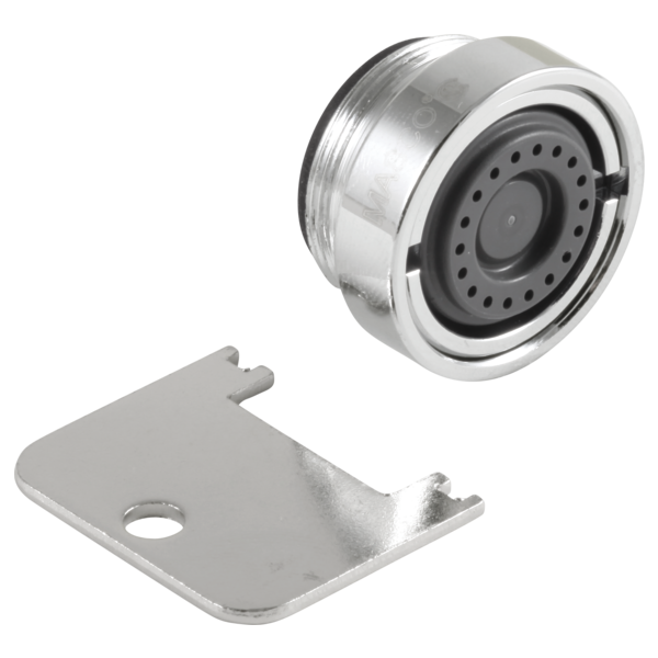 Chrome aerator with perforated spray face and metal mounting bracket with single hole.