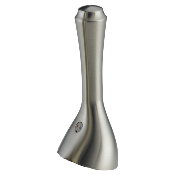 Stainless steel metal lever handle with curved tapered design and small circular mounting detail.