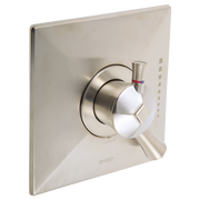 Brushed nickel shower valve trim with square escutcheon plate, single lever handle, and red accent band.