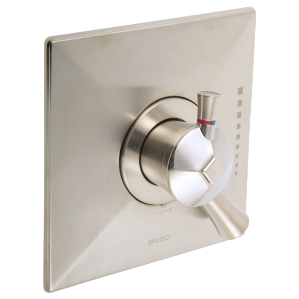 Brushed nickel shower valve trim with square escutcheon plate, single lever handle, and red accent band.