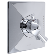 Chrome shower valve trim kit with square escutcheon plate and dual lever handles mounted on white background.