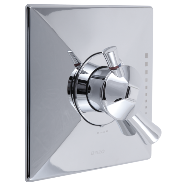 Chrome shower valve trim kit with square escutcheon plate and dual lever handles mounted on white background.