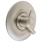 Brushed nickel round shower valve trim with single lever handle and circular escutcheon plate.