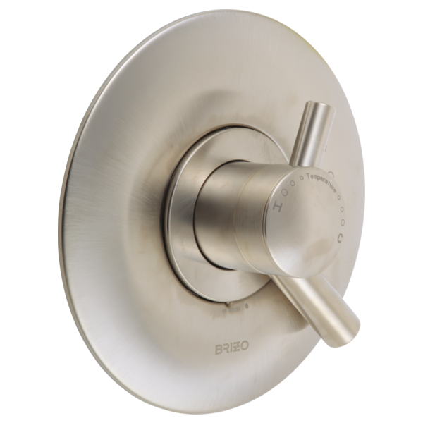 Brushed nickel round shower valve trim with single lever handle and circular escutcheon plate.