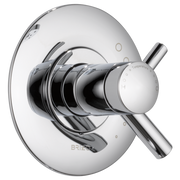 Chrome shower valve trim kit with round escutcheon plate and cross handle lever.