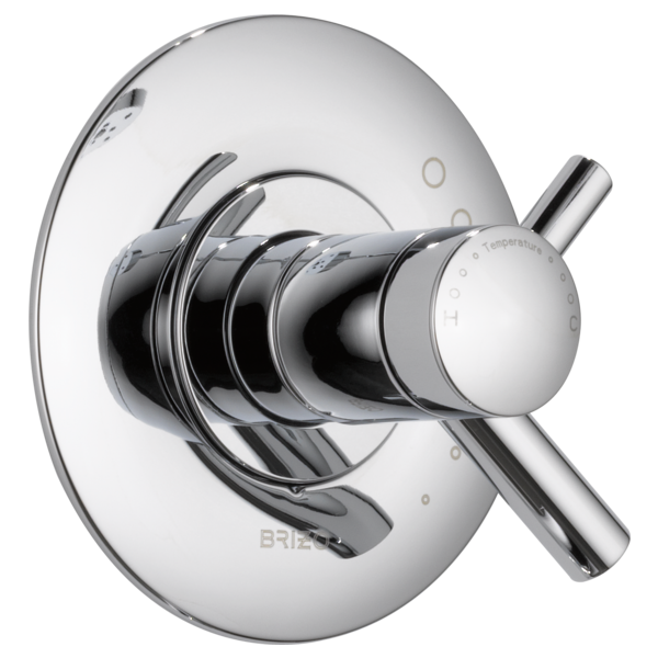 Chrome shower valve trim kit with round escutcheon plate and cross handle lever.