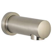 Brushed nickel cylindrical tub spout with round cap and wall flange.