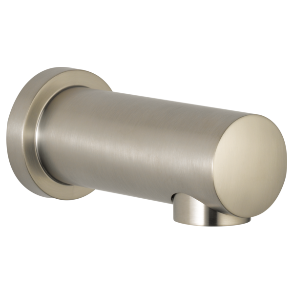Brushed nickel cylindrical tub spout with round cap and wall flange.