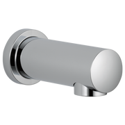 Chrome tub spout with cylindrical body, circular wall-mounted flange, and curved outlet spout.