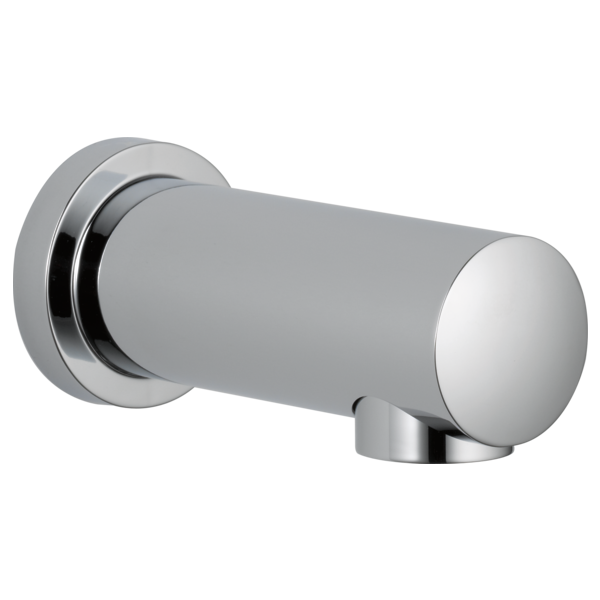 Chrome tub spout with cylindrical body, circular wall-mounted flange, and curved outlet spout.