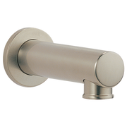 Brushed nickel tub spout assembly with cylindrical spout and circular wall-mounted flange.