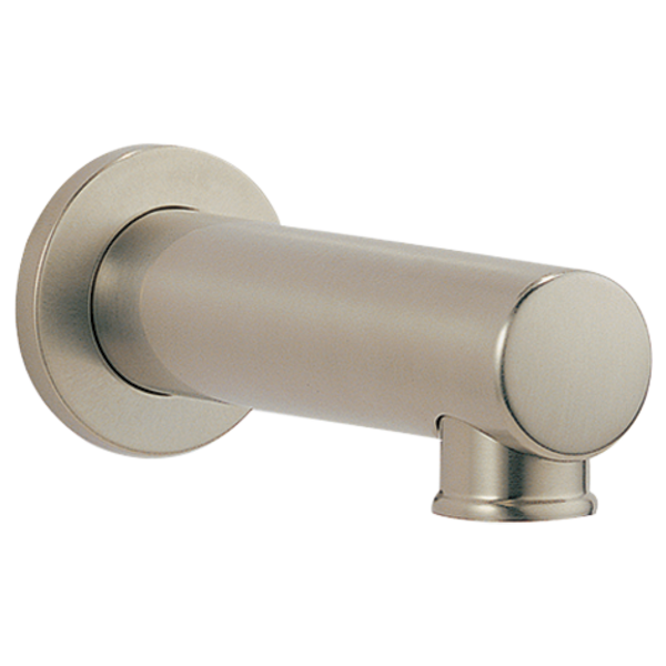 Brushed nickel tub spout assembly with cylindrical spout and circular wall-mounted flange.