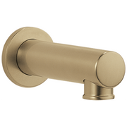 Luxe gold tub spout assembly with cylindrical spout and circular wall flange.