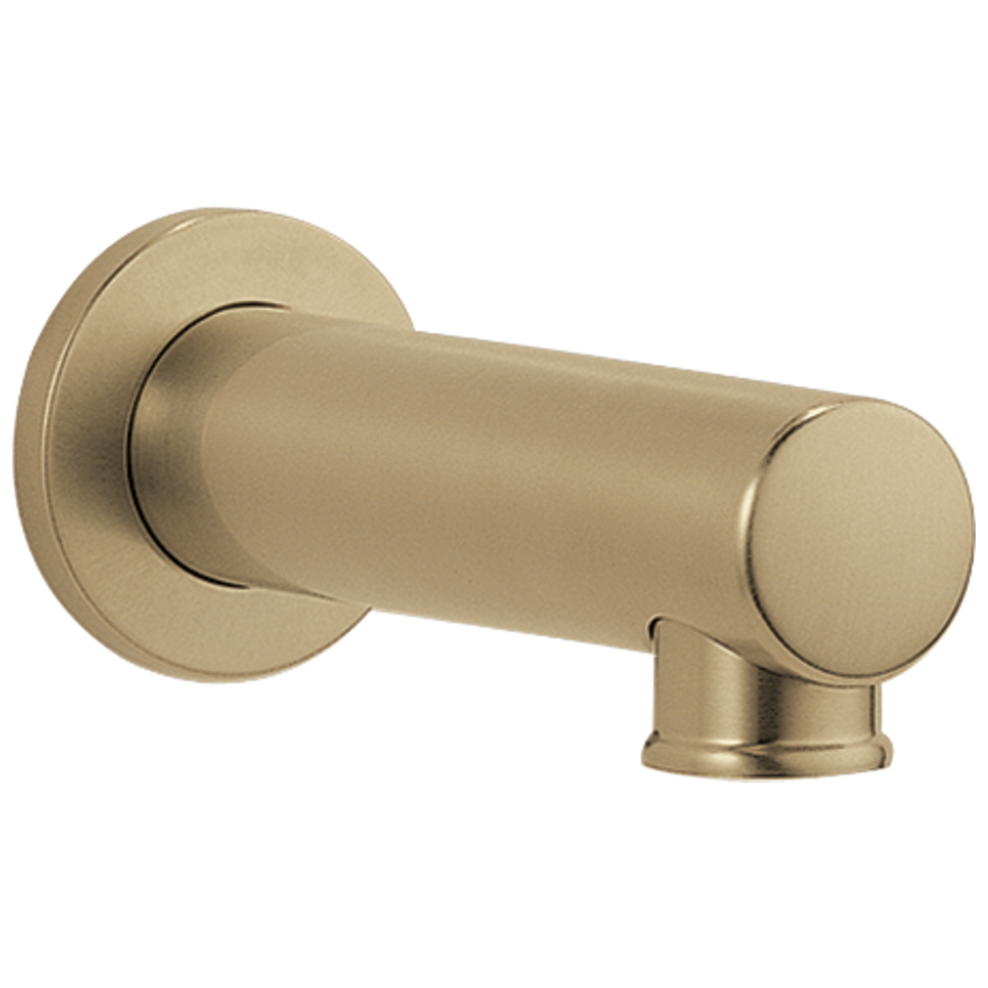 Luxe gold tub spout assembly with cylindrical spout and circular wall flange.