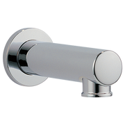 Chrome tub spout assembly with cylindrical barrel and round wall flange.