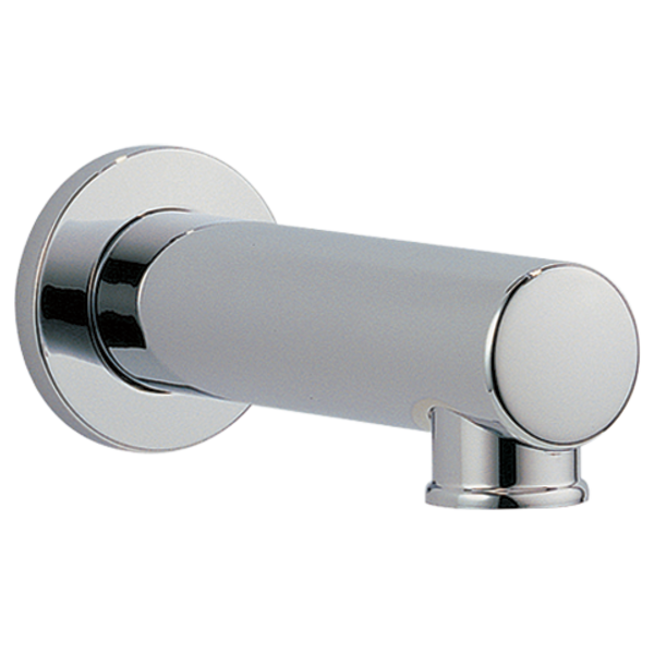 Chrome tub spout assembly with cylindrical barrel and round wall flange.
