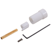 Brass spline, white plastic sleeve and adapter, black wrench, and metal screw components displayed separately.