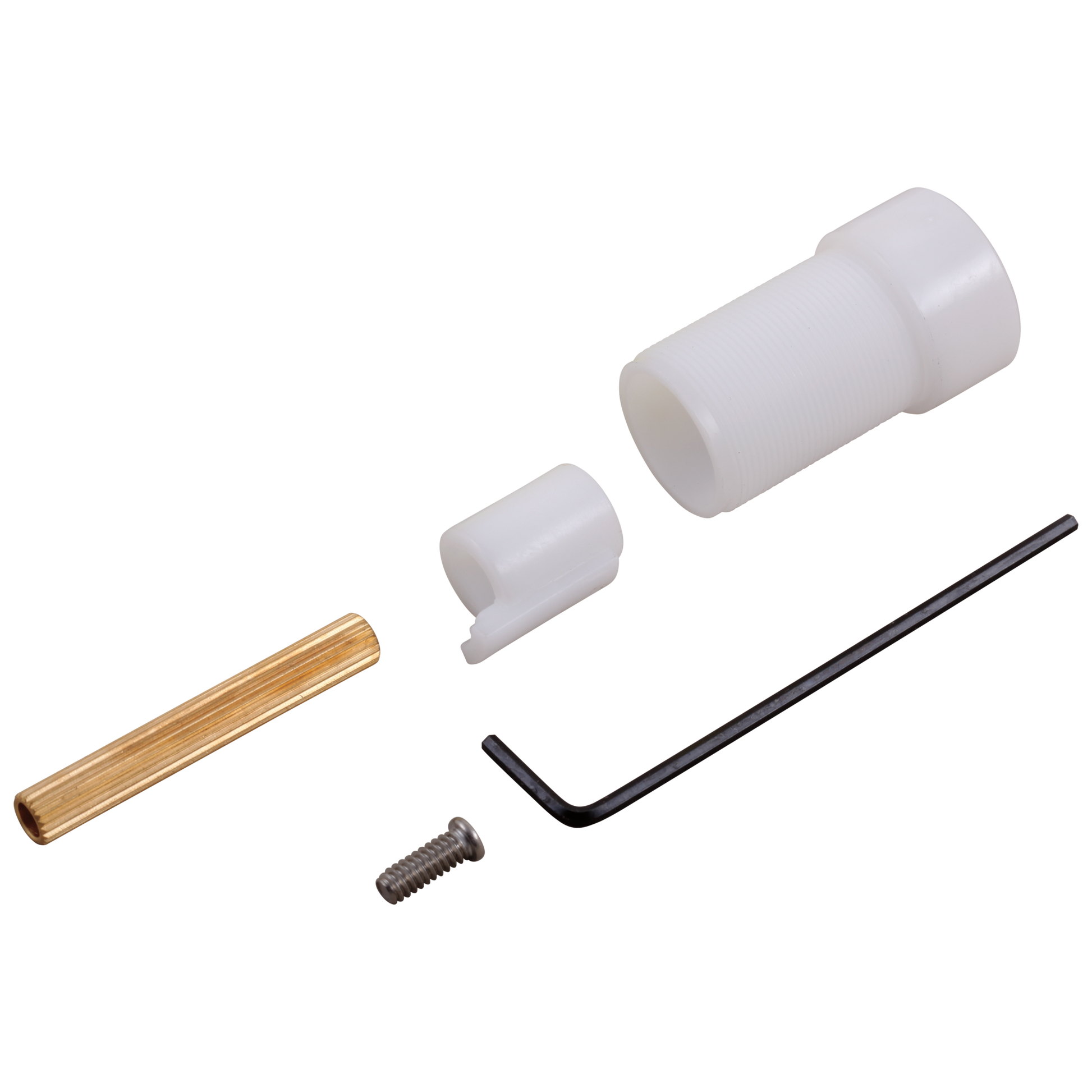 Brass spline, white plastic sleeve and adapter, black wrench, and metal screw components displayed separately.