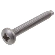 Stainless steel screw with round head and Phillips drive slot for traditional faucet handles.