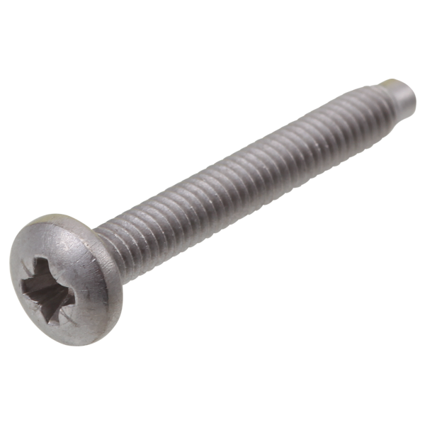 Stainless steel screw with round head and Phillips drive slot for traditional faucet handles.