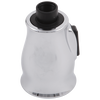Chrome pull-down kitchen faucet spray head with black handle knob and white body.