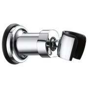 Chrome hand shower mount with wall flange, adjustment ball joint, and black rubber grip holder.