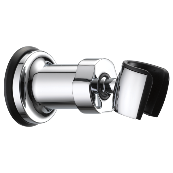 Chrome hand shower mount with wall flange, adjustment ball joint, and black rubber grip holder.