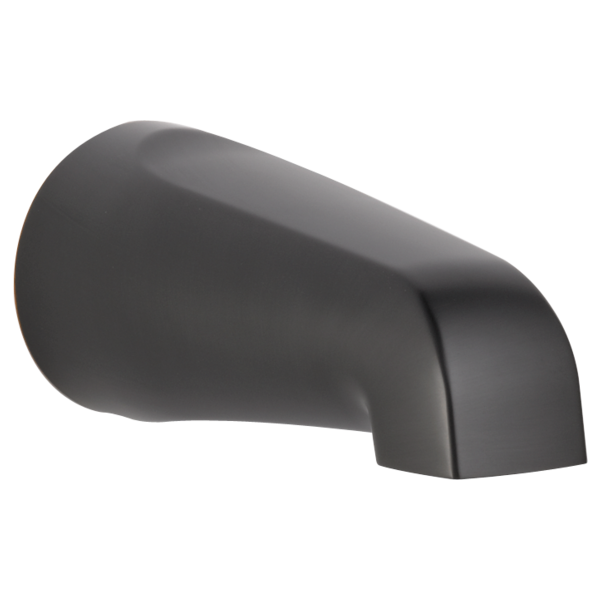 Oil rubbed bronze tub spout with curved design and angled outlet, non-diverter style.