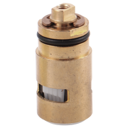 Brass ceramic valve cartridge with black sealing ring and internal cartridge visible through window opening.