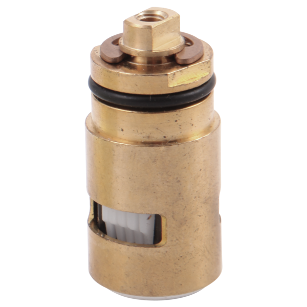 Brass ceramic valve cartridge with black sealing ring and internal cartridge visible through window opening.