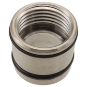 Brushed nickel conical nut with two black O-rings and threaded interior opening.