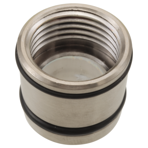 Brushed nickel conical nut with two black O-rings and threaded interior opening.