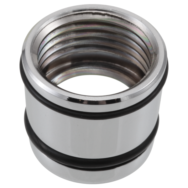 Chrome conical nut with two black O-rings, threaded interior, cylindrical shape.