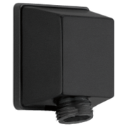 Matte black wall-mounted elbow fitting with threaded outlet and integrated gasket.