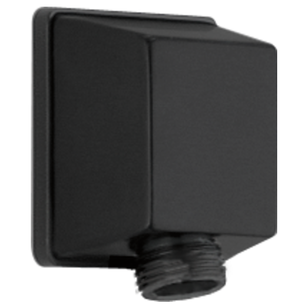 Matte black wall-mounted elbow fitting with threaded outlet and integrated gasket.