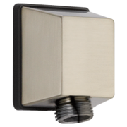 Brushed nickel wall-mounted elbow fitting with square face plate and threaded connection port.