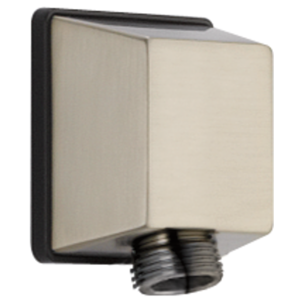Brushed nickel wall-mounted elbow fitting with square face plate and threaded connection port.
