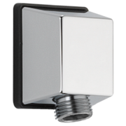 Chrome wall-mounted elbow connector with square escutcheon and threaded outlet port.