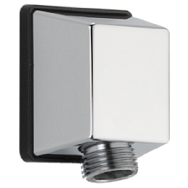 Chrome wall-mounted elbow connector with square escutcheon and threaded outlet port.