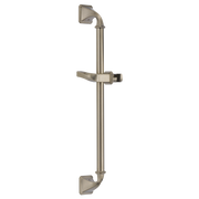 Brushed nickel vertical slide bar assembly with adjustable holder and wall mounting brackets.