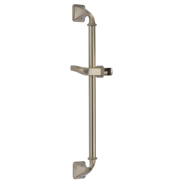 Brushed nickel vertical slide bar assembly with adjustable holder and wall mounting brackets.