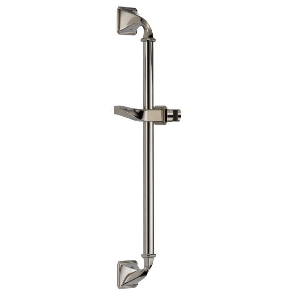 Polished nickel shower slide bar assembly with adjustable bracket and square mounting flanges.