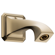Luxe gold shower arm with curved spout, square wall mount plate, and small circular opening at end.