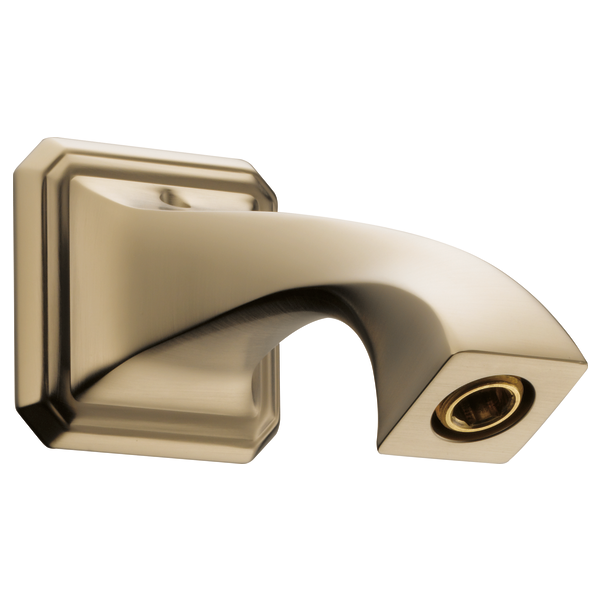 Luxe gold shower arm with curved spout, square wall mount plate, and small circular opening at end.