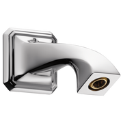 Chrome wall-mounted shower arm with curved spout and rectangular mounting flange, featuring brass accent ring on outlet.