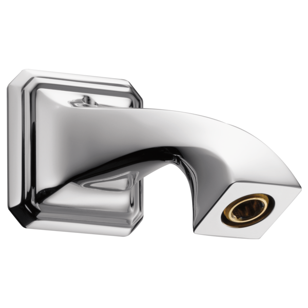 Chrome wall-mounted shower arm with curved spout and rectangular mounting flange, featuring brass accent ring on outlet.