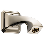 Polished nickel wall-mounted shower arm with angled spout and outlet connection.