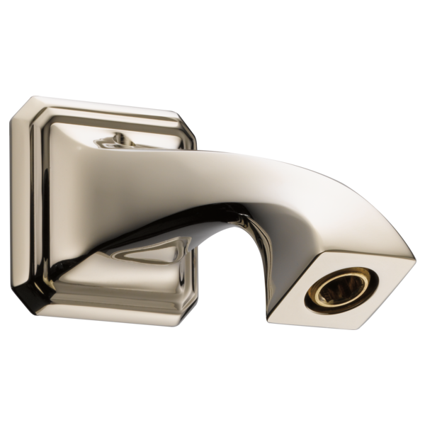 Polished nickel wall-mounted shower arm with angled spout and outlet connection.